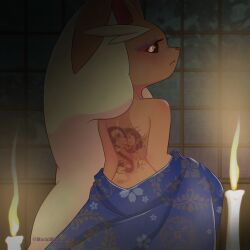Rule 34 | 1girl, :&lt;, animal nose, artist name, back, back focus, black sclera, blue kimono, body fur, brown fur, candle, closed mouth, colored sclera, creatures (company), dark, dragon tattoo, eyeshadow, female focus, fire, floral print, furry, furry female, game freak, gen 4 pokemon, geturouka9b, half-closed eyes, highres, indoors, japanese clothes, kimono, looking at viewer, looking back, lopunny, makeup, nintendo, off shoulder, pokemon, pokemon (creature), rabbit ears, rabbit girl, red eyes, red eyeshadow, solo, tattoo, topless, twitter username, two-tone fur, watermark, yellow fur