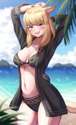 Rule 34 | 1girl, :d, absurdres, animal ears, arms up, beach, bikini, black bikini, black jacket, blonde hair, blue sky, breasts, cat ears, cat tail, cleavage, cloud, commentary request, commission, cowboy shot, day, facial mark, final fantasy, final fantasy xiv, green eyes, heterochromia, highres, jacket, kiteman442, large breasts, long hair, looking at viewer, navel, ocean, open clothes, open jacket, open mouth, purple eyes, skeb commission, sky, smile, solo, standing, stomach, swimsuit, tail, thighs, warrior of light (ff14), water, whisker markings
