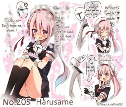Rule 34 | 10s, 1boy, 1girl, admiral (kancolle), beret, black gloves, black serafuku, black skirt, black socks, blush, brown footwear, character doll, character name, closed eyes, closed mouth, comic, commentary request, epaulettes, eyebrows, flower, flying sweatdrops, gloves, gradient hair, hair between eyes, hair flower, hair ornament, hairclip, hard-translated, harusame (kancolle), hat, heart, holding, kantai collection, kneehighs, knees up, long hair, looking at another, military, military uniform, multicolored hair, musical note, naval uniform, neckerchief, nose blush, open mouth, pink eyes, pink hair, pleated skirt, quaver, school uniform, serafuku, shoes, short sleeves, side ponytail, sitting, skirt, smile, socks, speech bubble, surprised, suzuki toto, sweat, third-party edit, twitter username, two-tone hair, uniform