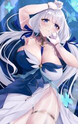 Rule 34 | arm up, armpits, azur lane, between breasts, blue eyes, blush, breasts, closed mouth, cowboy shot, dress, elbow gloves, gloves, grey hair, hand up, highres, illustrious (azur lane), illustrious (soft light and a melody) (azur lane), large breasts, long hair, looking at viewer, mole, mole under eye, official alternate costume, smile, solo, thigh gap, thighlet, thighs, twintails, wee (weeyy), white gloves