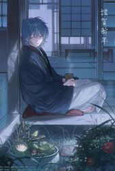 1boy absurdres against_wall architecture barefoot blue_haori closed_eyes closed_mouth coke_6 cup east_asian_architecture facing_viewer flower from_side full_body grass haori happy_new_year highres holding holding_cup japanese_clothes leaf lower_lip_only mahoutsukai_no_yakusoku male_focus medium_hair messy_hair nero_turner new_year on_cushion pants plant potted_plant red_flower sitting sleeping solo table tatami white_pants winter_clothes