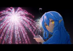 Rule 34 | 1girl, ahoge, alternate costume, blue hair, blue kimono, choko (cup), closed mouth, colored tips, cup, elf, fireworks, from behind, from side, hair between eyes, half updo, heart, heart ahoge, highres, holding, holding cup, hololive, homura minori, japanese clothes, kimono, letterboxed, long hair, looking at viewer, looking back, multicolored hair, pointy ears, smile, solo, streaked hair, virtual youtuber, yellow eyes, yukata, yukihana lamy