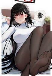 Rule 34 | 1girl, angry, black hair, black halo, black pantyhose, blue archive, border, breasts, closed mouth, feet, foot focus, foot out of frame, foreshortening, hair ornament, hairclip, halo, highres, knees up, large breasts, legs, long hair, no pants, pantyhose, pillow, presenting foot, red eyes, rio (blue archive), soles, solo, spoken squiggle, squiggle, sweatdrop, sweater, thighs, thought bubble, toenails, toes, turtleneck, turtleneck sweater, very long hair, white border, zeragoes