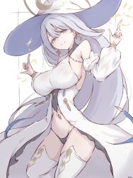 Rule 34 | 1006kbps, 1girl, absurdres, azur lane, bare shoulders, black panties, blue eyes, breasts, closed mouth, cowboy shot, crescent, crescent earrings, detached sleeves, dress, earrings, grey hair, guichen (azur lane), hair between eyes, hands up, hat, highres, jewelry, large breasts, long hair, looking at viewer, mole, mole under mouth, navel, panties, revealing clothes, sideboob, simple background, smile, solo, star (symbol), star earrings, thighhighs, twitter username, underwear, very long hair, white dress, white hair, white hat, white thighhighs, witch hat
