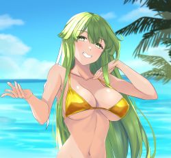 Rule 34 | 1girl, bare arms, bare shoulders, bikini, blue sky, blush, breasts, chuu (rinet), cloud, collarbone, commentary request, day, fire emblem, fire emblem: shadow dragon and the blade of light, green eyes, green hair, grin, hands up, highres, jewelry, large breasts, long hair, looking at viewer, navel, nintendo, ocean, outdoors, palla (fire emblem), ring, sky, smile, solo, stomach, swimsuit, tan, upper body, very long hair, water, yellow bikini