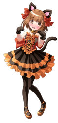 Rule 34 | 1girl, animal ears, animal hands, beatrice (princess principal), bell, black gloves, black hair, blush, bow, brown eyes, brown hair, cat ears, cat tail, collar, dress, frilled dress, frills, full body, gloves, hair bow, high heels, highres, long hair, neck bell, open mouth, orange footwear, pantyhose, paw gloves, princess principal, red bow, simple background, sleeveless, sleeveless dress, solo, standing, strapless, strapless dress, tail, taniguchi gou, white background