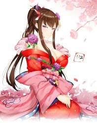 Rule 34 | 112san, 1girl, alternate costume, bad id, bad pixiv id, bare shoulders, breasts, brown hair, cleavage, flower, granblue fantasy, hair flower, hair ornament, japanese clothes, kimono, large breasts, long hair, looking at viewer, obi, off shoulder, ponytail, purple eyes, purple flower, purple rose, red kimono, rose, rosetta (granblue fantasy), rosetta (rosebud blush kimono) (granblue fantasy), sash, seiza, sidelocks, sitting, smile, solo, thorns, very long hair