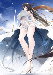 Rule 34 | 1girl, :o, antlers, azur lane, black hair, breasts, clothes lift, dress, dress lift, green eyes, high heels, highres, horns, indomitable (azur lane), large breasts, legs, long legs, looking at viewer, open mouth, pumps, revealing clothes, solo, thighs, underboob, white dress, won (az hybrid)