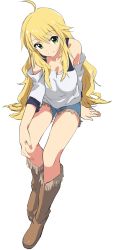Rule 34 | 1girl, ahoge, blonde hair, boots, brown footwear, fringe trim, from above, green eyes, hibimegane, hoshii miki, idolmaster, idolmaster (classic), invisible chair, knee boots, long hair, shorts, simple background, sitting, smile, solo, white background