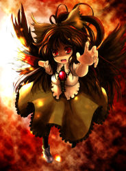 Rule 34 | 1girl, :d, black wings, brooch, female focus, full body, gem, green skirt, jewelry, kurona, looking at viewer, open mouth, outstretched arm, reiuji utsuho, shaded face, skirt, smile, solo, touhou, wings
