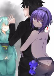Rule 34 | 1boy, 2girls, ?, angry, aqua hair, ass, aura, backless outfit, bad proportions, bare back, bare shoulders, black hair, butt crack, dark-skinned female, dark skin, false smile, fate/grand order, fate/prototype, fate/prototype: fragments of blue and silver, fate (series), flower, fujimaru ritsuka (male), hands up, hassan of serenity (fate), highres, horns, hug, hug from behind, japanese clothes, kimono, kiyohime (fate), long hair, looking at viewer, multiple girls, nervous, poorly drawn, purple eyes, purple hair, scared, shaded face, short hair, skin tight, smile, spoken question mark, sweatdrop, tanuki (siutkm0228)