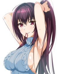 Rule 34 | 1girl, blue sweater, blush, breasts, fate/grand order, fate (series), long hair, looking at viewer, medium breasts, meme attire, mouth hold, pink eyes, ponytail, purple hair, scathach (fate), scathach (fate), sideboob, simple background, solo, sweater, teeth, tying hair, upper body, virgin killer sweater, white background, yusukesan