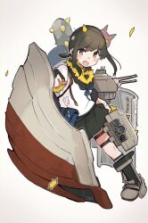 Rule 34 | 1girl, :d, absurdres, bandages, bandaid, bandaid on clothes, black sailor collar, black skirt, black socks, blue neckerchief, blush, boots, club, club (weapon), commentary, cone horns, fubuki (kancolle), fubuki kai ni (kancolle), full body, green eyes, grey footwear, highres, horns, kantai collection, kneehighs, looking at viewer, low ponytail, ma rukan, machinery, mask, neckerchief, oni, oni mask, open mouth, pleated skirt, rigging, sailor collar, school uniform, serafuku, shirt, short sleeves, sidelocks, signature, simple background, skirt, smile, smokestack, socks, solo, spiked club, standing, thigh strap, torpedo, torpedo launcher, turret, weapon, white background, white shirt, yellow horns