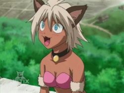 Rule 34 | 1girl, animal ears, animated, animated gif, bell, neck bell, bikini, blonde hair, bouncing breasts, breasts, bustier, cat ears, cat tail, chaton, cleavage, collar, dark skin, jetix, lowres, marchen awakens romance, medium breasts, screencap, short hair, swimsuit, tail, wrist cuffs