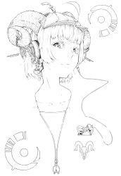 Rule 34 | 1girl, absurdres, greyscale, headphones, highres, horns, jaco, lineart, looking at viewer, monochrome, original, portrait, simple background, solo, white background