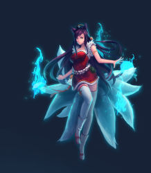 Rule 34 | 1girl, acid g, ahri (league of legends), animal ears, bad id, bad pixiv id, black hair, boots, breasts, dress, fire, fox ears, fox tail, glowing, hat, hitodama, korean clothes, large breasts, league of legends, long hair, multiple tails, purple hair, sash, short dress, solo, strapless, strapless dress, tail, thighhighs, white thighhighs, yellow eyes, zettai ryouiki