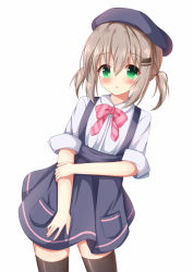 Rule 34 | 10s, 1girl, :o, arm grab, beret, black hair, blue hat, blue skirt, blush, bow, commentary request, diagonal stripes, green eyes, hair between eyes, hair ornament, hairclip, hat, kedama (kedama akaza), leaning to the side, light brown hair, looking at viewer, parted lips, pink bow, pleated skirt, shirt, short sleeves, sidelocks, simple background, skirt, sleeves rolled up, solo, striped, striped bow, suspender skirt, suspenders, thighhighs, two side up, white background, white shirt, yama no susume, yukimura aoi