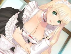 Rule 34 | 1girl, blonde hair, breasts, choker, clalaclan philias, cleavage, cup, dutch angle, frills, green eyes, large breasts, leaning forward, long hair, maid, sega, shining (series), shining wind, smile, solo, teacup, teapot, tony taka, very long hair
