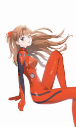 Rule 34 | 1girl, artist request, ass, blue eyes, blush, bodysuit, breasts, brown hair, curvy, floating hair, highres, interface headset, invisible chair, long hair, looking at viewer, medium breasts, neon genesis evangelion, plugsuit, red bodysuit, shiny clothes, simple background, sitting, skin tight, solo, souryuu asuka langley, two side up, very long hair, white background, wide hips