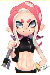 Rule 34 | &gt;:), 1girl, agent 8 (splatoon), chromatic aberration, closed mouth, crop top, e-liter 4k (splatoon), grey eyes, groin, hand up, highres, holding, isamu-ki (yuuki), long hair, looking at viewer, navel, nintendo, octoling, octoling girl, octoling player character, pink hair, signature, simple background, single sleeve, sleeves past elbows, smile, solo, splatoon (series), splatoon 2, splatoon 2: octo expansion, suction cups, tentacle hair, v-shaped eyebrows, white background, zipper, zipper pull tab