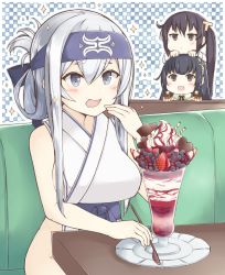 Rule 34 | 3girls, absurdres, ainu clothes, bandana, black hair, blue eyes, blue headband, cake, dress, female admiral (kancolle), folded ponytail, food, hair ornament, headband, highres, holding, holding spoon, ice cream, japanese clothes, kamoi (kancolle), kantai collection, long hair, looking at another, mizuho (kancolle), multiple girls, no panties, open mouth, parfait, sitting, sleeveless, sleeveless dress, sparkle, spoon, sundae, thick eyebrows, white hair, yui (seiga)