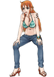 Rule 34 | 1girl, abs, bikini, bikini top only, breasts, brown eyes, cleavage, denim, easy (aqk7bdqt), full body, green bikini, hands on own knees, high heels, jeans, large breasts, log pose, long hair, nami (one piece), navel, one piece, orange hair, pants, sandals, simple background, solo, squatting, swimsuit, tattoo, white background