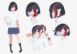 Rule 34 | 1girl, alternate hairstyle, arm behind head, bang dream!, black choker, black hair, black legwear, blue skirt, bob cut, bracelet, brown footwear, choker, clenched hand, collared shirt, commentary request, expressions, frown, grey background, hair blowing, hand on own hip, jewelry, mitake ran, multicolored hair, multiple views, nail polish, pleated skirt, poligon (046), ponytail, red eyes, red hair, red nails, shirt, short hair, short sleeves, simple background, skirt, socks, streaked hair, v-shaped eyebrows, white shirt