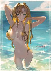Rule 34 | 1girl, 2019, bathing, blonde hair, blue eyes, blush, breasts, collarbone, completely nude, convenient censoring, dated, female focus, granblue fantasy, groin, hair censor, hair ornament, hair over breasts, hairband, highres, jewelry, long hair, navel, necklace, nude, ocean, sakura rock, solo, summer, very long hair, water, zeta (granblue fantasy)