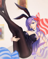 Rule 34 | 1girl, absurdres, animal ears, bare shoulders, black bow, black bowtie, black footwear, black leotard, black pantyhose, blue eyes, blurry, blurry background, bow, bowtie, breasts, cleavage, collarbone, crossed legs, detached collar, fake animal ears, fate/extra, fate/extra ccc, fate/grand order, fate (series), feet out of frame, hair bow, hair ribbon, hand on own leg, high heels, highres, legs, legs up, leotard, lipstick, lml, long hair, looking at viewer, makeup, medium breasts, meltryllis (fate), open mouth, pantyhose, parted lips, playboy bunny, purple hair, rabbit ears, red bow, red lips, red ribbon, ribbon, sitting, solo, thighs, white wrist cuffs, wrist cuffs