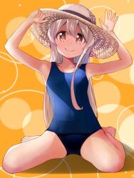 Rule 34 | 1girl, bare legs, blue one-piece swimsuit, brown eyes, chuutaro metal, commentary, flat chest, genderswap, genderswap (mtf), hat, light brown hair, looking at viewer, one-piece swimsuit, onii-chan wa oshimai!, oyama mahiro, school swimsuit, sitting, smile, solo, sun hat, swimsuit, wariza, yellow background