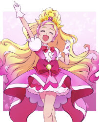 Rule 34 | 1girl, :d, absurdres, arm up, blonde hair, bow, bowtie, center frills, choker, clenched hand, closed eyes, crossed legs, cure flora, dress, earrings, facing viewer, frills, gloves, go! princess precure, gradient hair, half updo, haruno haruka, highres, index finger raised, jewelry, kengo kumaxile, long hair, magical girl, medium dress, multicolored hair, open mouth, pink bow, pink dress, pink hair, pointing, pointing up, precure, puffy short sleeves, puffy sleeves, red bow, red bowtie, short sleeves, smile, solo, standing, streaked hair, swept bangs, tiara, two-tone hair, waist bow, white gloves