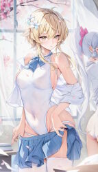 Rule 34 | 2girls, absurdres, ahoge, alternate costume, ass, ayaka (genshin impact), bare shoulders, blonde hair, blue bow, blue bowtie, blue skirt, blush, bow, bowtie, breasts, covered navel, cowboy shot, curtains, falling petals, flower, genshin impact, groin, hair flower, hair ornament, high ponytail, highleg, highleg leotard, highres, houkisei, indoors, large breasts, leotard, long hair, lumine (genshin impact), miniskirt, multiple girls, open clothes, open shirt, out of frame, panties, petals, school uniform, shirt, short hair with long locks, sideboob, skirt, solo focus, thighhighs, thighs, underwear, undressing, very long hair, white flower, white hair, white leotard, white panties, white shirt, white thighhighs, window, yellow eyes