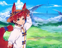 Rule 34 | 1boy, animal ears, blue eyes, bow, child, cloud, commentary, ears through headwear, english commentary, facial mark, grass, hand on headwear, highres, kemonomimi mode, long sleeves, male focus, mountain, mountainous horizon, nemui (nemuriyagi), original, outdoors, red hair, scenery, solo, tail, tail bow, tail ornament, town