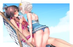 Rule 34 | 80mph, ahoge, beach chair, bikini, black hair, blush, bracelet, breasts, cleavage, cloud, cloudy sky, couple, cup, day, drink, drinking, drinking glass, drinking straw, closed eyes, flower, folded ponytail, frilled bikini, frills, glass, green eyes, hair flower, hair ornament, hair ribbon, hand on another&#039;s hand, hand on another&#039;s thigh, itomi sayaka, jewelry, leaning forward, long hair, nail polish, navel, one-piece swimsuit, outdoors, ribbon, short hair, sitting, sky, straw, sweat, swimsuit, toji no miko, toned, white hair, yanase mai, yuri