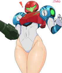 Rule 34 | !, 1girl, absurdres, adapted costume, arm cannon, armor, blush, covered navel, cowboy shot, dust cloud, helmet, highres, leotard, metroid, metroid dread, nintendo, pauldrons, power suit, samus aran, shoulder armor, solo, thick thighs, thighs, weapon, white background, wide hips, zero momentai