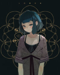 Rule 34 | 1girl, absurdres, arms at sides, black background, black camisole, blue eyes, blue hair, blunt bangs, blush, bob cut, breasts, bright pupils, brown dress, camisole, closed mouth, collarbone, commentary, dress, earrings, english commentary, eyelashes, floral background, highres, jewelry, lamb goes baaaaa, light smile, looking at viewer, original, ribbon-trimmed camisole, ribbon-trimmed dress, short sleeves, single sidelock, small breasts, smile, solo, upper body, white pupils