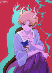 Rule 34 | 1girl, absurdres, antlers, arm rest, artist name, blonde hair, blue bow, blue shirt, bow, cigarette, closed mouth, collarbone, dated, dragon horns, dragon tail, drop shadow, earrings, feet out of frame, flat chest, green nails, highres, holding, holding cigarette, horns, index finger raised, jewelry, kicchou yachie, looking to the side, nail polish, parted bangs, purple skirt, red background, red eyes, ringo orihara, shirt, short hair, simple background, sitting, skirt, sleeves past elbows, smile, smoke, smoking, solo, tail, touhou, turtle shell, wide sleeves