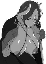 Rule 34 | 1girl, areola slip, bikini, black eyes, black hair, breasts, cleavage, covered erect nipples, gloves, hanging breasts, highres, jacket, large breasts, looking at viewer, made in abyss, mature female, micro bikini, monochrome, multicolored hair, open clothes, open jacket, ozen, revealing clothes, short hair, solo, swimsuit, taut clothes, two-tone hair, white hair, yaguchiyuki