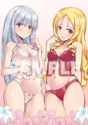 Rule 34 | 2girls, arm behind back, bare shoulders, blonde hair, blue eyes, blue hair, blush, bow, bow panties, breasts, camisole, clenched hand, closed mouth, collarbone, commentary, cowboy shot, english text, eromanga sensei, flower, frown, gluteal fold, gradient background, groin, hair bow, head tilt, izumi sagiri, lily (flower), long hair, looking at viewer, medium breasts, multiple girls, panties, parted bangs, parted lips, piano-alice, pink bow, pointy ears, red eyes, red panties, sample watermark, sidelocks, small breasts, standing, underwear, very long hair, watermark, white bow, white panties, yamada elf