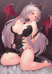 1girl, absurdres, bare arms, bare legs, bare shoulders, black choker, black gloves, blush, breasts, character name, choker, cleavage, collarbone, demon wings, elbow gloves, eyelashes, frey (king&#039;s raid), gloves, head tilt, highres, jewelry, king&#039;s raid, large breasts, long hair, looking at viewer, necklace, on bed, pink hair, plunging neckline, red eyes, seductive smile, sideless outfit, sitting, skin tight, smile, solo, thighs, wings, yokozuwari, yu mochi (kamiinu)