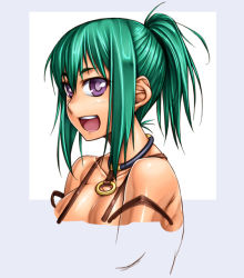 Rule 34 | 1girl, bare shoulders, breasts, cleavage, green hair, large breasts, mt1, original, partially colored, purple eyes, short hair, solo