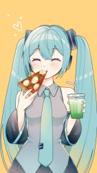 Rule 34 | 1girl, aqua hair, aqua nails, aqua necktie, bare shoulders, black skirt, black sleeves, closed eyes, cup, detached sleeves, drink, drinking straw, eating, facing viewer, food, frilled shirt, frilled shirt collar, frills, grey shirt, hair ornament, hands up, hatsune miku, headphones, heart, highres, holding, holding cup, holding food, holding pizza, long hair, masumofu, miniskirt, nail polish, necktie, pizza, pleated skirt, shirt, skirt, sleeveless, sleeveless shirt, solo, tie clip, twintails, very long hair, vocaloid, yellow background