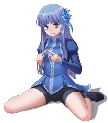 Rule 34 | 1girl, absurdres, black footwear, black shorts, blue eyes, blue flower, blue hair, blue shirt, blush, closed mouth, flower, hair flower, hair ornament, highres, index fingers together, isekai ojisan, kyouji44288608, long hair, looking at viewer, mabel raybert, shiny skin, shirt, shoes, short shorts, shorts, simple background, sitting, solo, spread legs, thighs, wariza, wavy mouth, white background