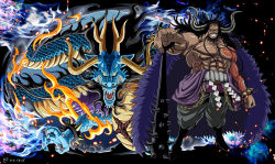 Rule 34 | 1boy, abs, alternate form, black hair, bracelet, clothes down, cross scar, dark-skinned male, dark skin, devil fruit, dragon, dragon boy, dragon horns, frown, full body, highres, holding, holding weapon, horns, japanese clothes, jewelry, kaidou (one piece), kimono, konbanwa01, large pectorals, long hair, male focus, monsterification, muscular, muscular male, navel, no nipples, one piece, pectorals, planted, purple kimono, scales, scar, scar on stomach, solo focus, spiked bracelet, spikes, spoilers, topless male, weapon