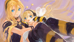 Rule 34 | 1girl, :&lt;, arthropod girl, bee girl, blonde hair, blue eyes, boots, bracelet, chibi, headphones, honey lily, insect girl, jewelry, lily (vocaloid), looking away, monster girl, short hair, sitting, smile, striped clothes, striped thighhighs, thigh boots, thighhighs, vocaloid, wings, yamakawa (sato), yamakawa umi