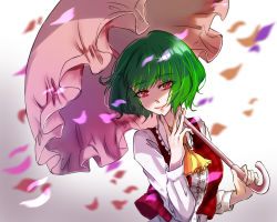 Rule 34 | ascot, closed mouth, collared shirt, commentary request, frilled shirt collar, frills, gradient background, green hair, hands up, hisuipechika, holding, holding umbrella, kazami yuuka, lipstick, long sleeves, looking at viewer, makeup, multicolored eyes, parasol, petals, phantasmagoria of flower view, plaid, plaid vest, puffy long sleeves, puffy sleeves, shadow, shirt, short hair, smile, touhou, umbrella, upper body, vest