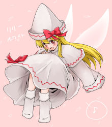 Rule 34 | 1girl, blonde hair, blush, bow, capelet, dress, fairy wings, hat, hat bow, lily white, long hair, long sleeves, looking at viewer, monrooru, musical note, no shoes, open mouth, red eyes, solo, spoken musical note, touhou, very long hair, white dress, wide sleeves, wings