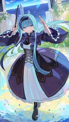 Rule 34 | 1girl, ascot, black ascot, black hairband, blue dress, blue eyes, blue hair, breasts, closed mouth, commentary request, cross-laced clothes, dress, falken (yutozin), frilled sleeves, frills, full body, hairband, highres, holding, horizon, large breasts, light particles, long hair, long sleeves, looking at viewer, ocean, original, outdoors, sidelocks, smile, solo, standing