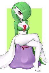 Rule 34 | 1girl, blush, breasts, cleft of venus, collarbone, colored skin, creatures (company), crossed legs, ditto, game freak, gardevoir, gen 1 pokemon, gen 3 pokemon, green hair, green skin, hair over one eye, hands on another&#039;s thighs, held up, loodncrood, medium breasts, nintendo, one eye covered, open mouth, pokemon, pokemon (creature), pussy, pussy peek, red eyes, saliva, sitting, thighs, white skin