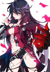 Rule 34 | 1girl, bandaged arm, bandages, bare shoulders, belt, black hair, black shorts, black thighhighs, blood, breasts, claws, cleavage, cowboy shot, highres, jitome, licking, long hair, looking at viewer, medium breasts, mg nemuio, navel, revealing clothes, short shorts, shorts, simple background, solo, swept bangs, tales of (series), tales of berseria, thighhighs, tongue, torn clothes, torn thighhighs, velvet crowe, white background, yellow eyes